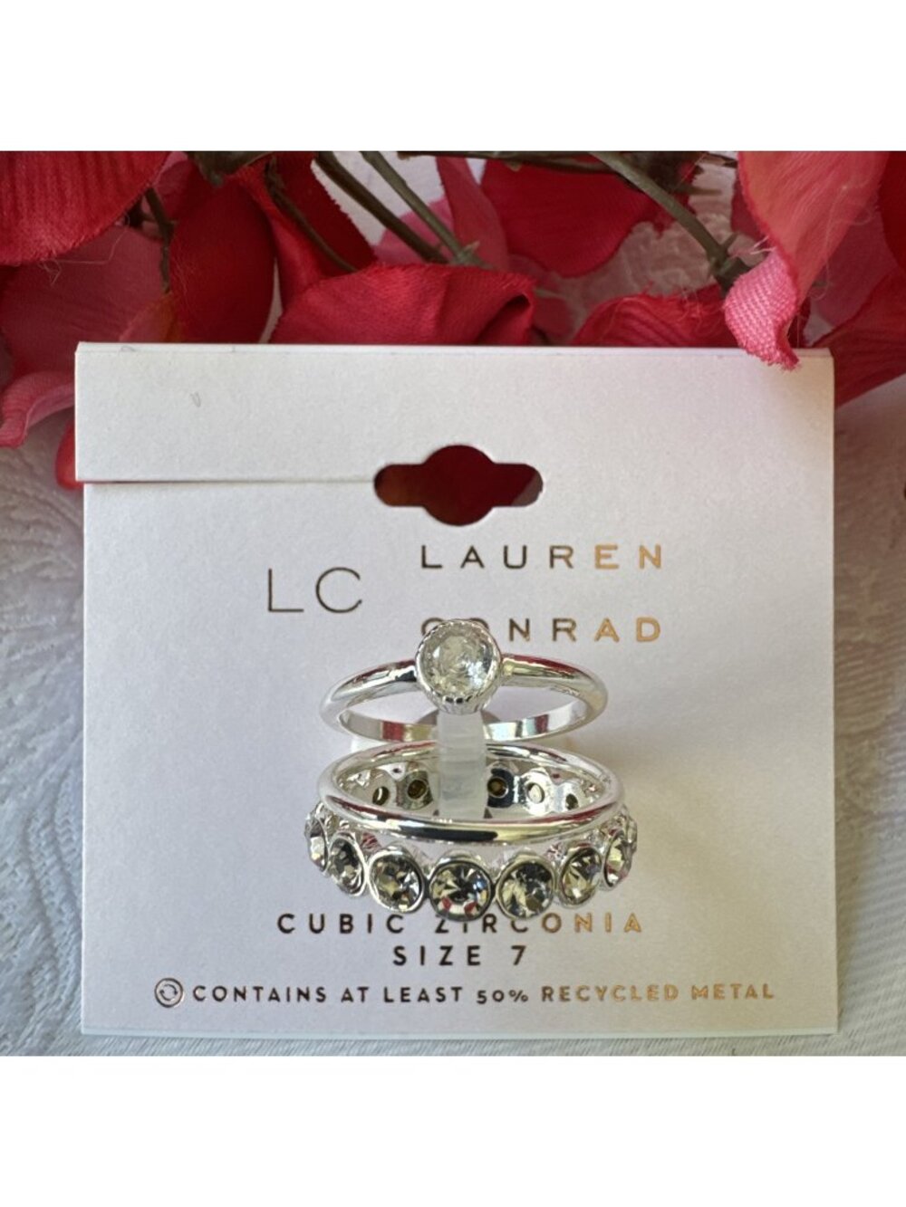 LC LAUREN CONRAD Dainty 3 PC Stack SIZE 7 Ring Silvertone CZ Band SET NEW